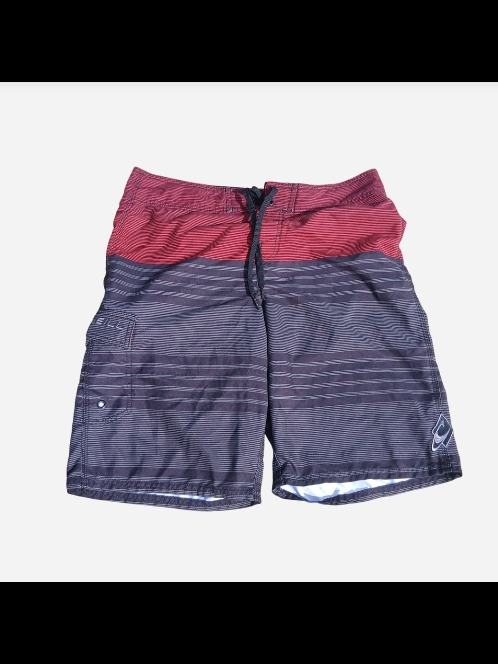 ONeill Mens  Black Red Gray Board Shorts Size 34 Cargo Pocket Swim Trunks Surf